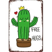 Vintage Metal Signs Free Hugs Tin Sign Cute Cactus Poster Wall Art Decor Plaque for Home Bar Pub Cafe Club Office Living Room Bedroom Gift 8x12 inch