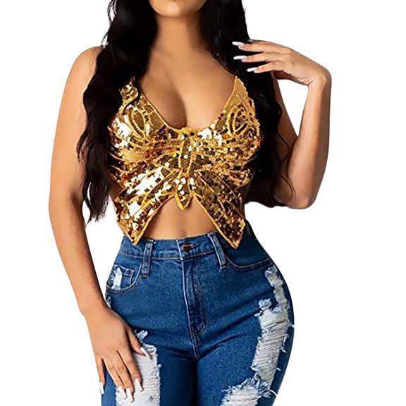 Gold Tank Tops for Women 2024, Camisole Tops for Women, Women's Solid Color Halter Neck Sequin Butterfly Top Sexy Hot Girl Vest Small Suspenders, S