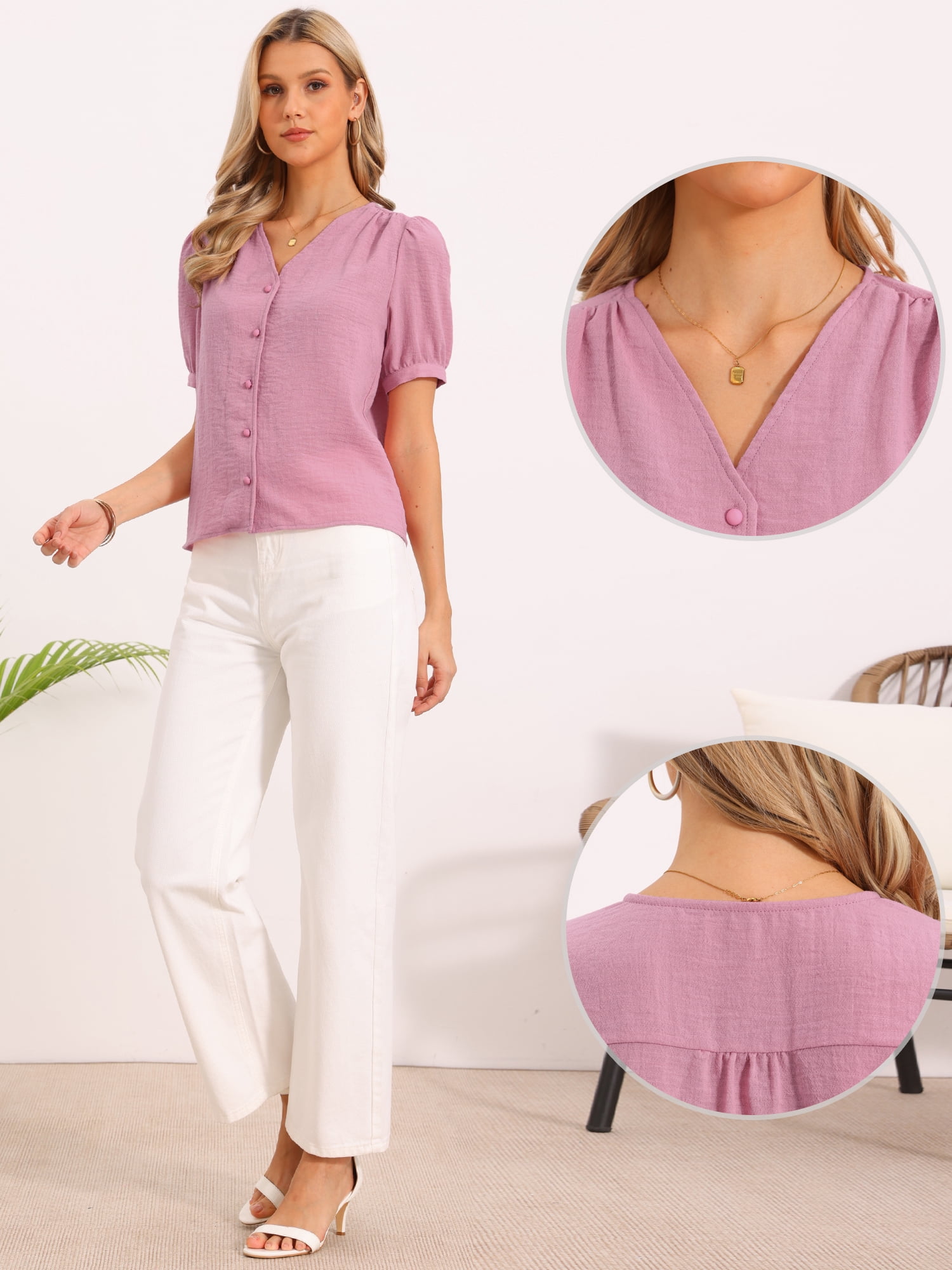 DARING DIVA Women's Short Sleeve Tops V Neck Button Down Dressy Casual Blouses XS Pink