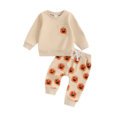 

Lesimsam Baby Pants Set 3M 6M 9M 12M 18M 2T 3T Pumpkin Print Long Sleeve Crew Neck Sweatshirt with Sweatpants Halloween Clothes for Girls Boys