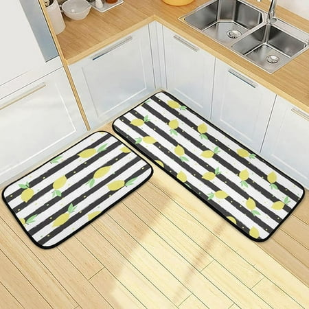 

Bestwell Yellow Lemon Fruits Kitchen Mats and Rugs Black White Stripe Kitchen Floor Runner Bathroom Carpet Doormat Washable Rug 19.7 x27.6 + 19.7 x47.2