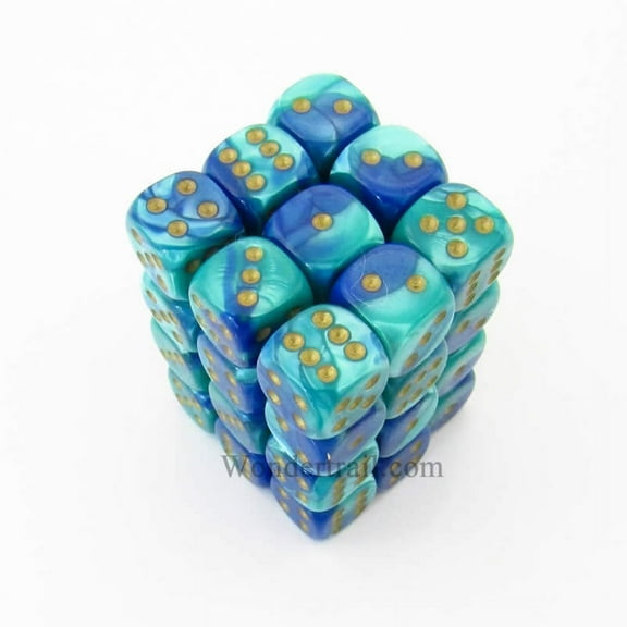 Blue and Teal Gemini Dice with Gold Pips D6 12mm (1/2in) Pack of 36 Chessex