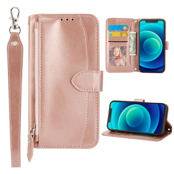 TECH CIRCLE Zipper Wallet Case for Samsung Galaxy S21,Detachable Hand Strap Magnetic Flip Stand Card Slots Shockproof Phone Case,Rosegold