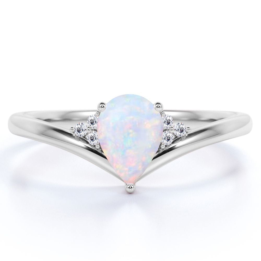 JeenMata Antique 0.80 TCW Teardrop Blue Opal and Moissanite Promise Ring in 18K White Gold over Silver