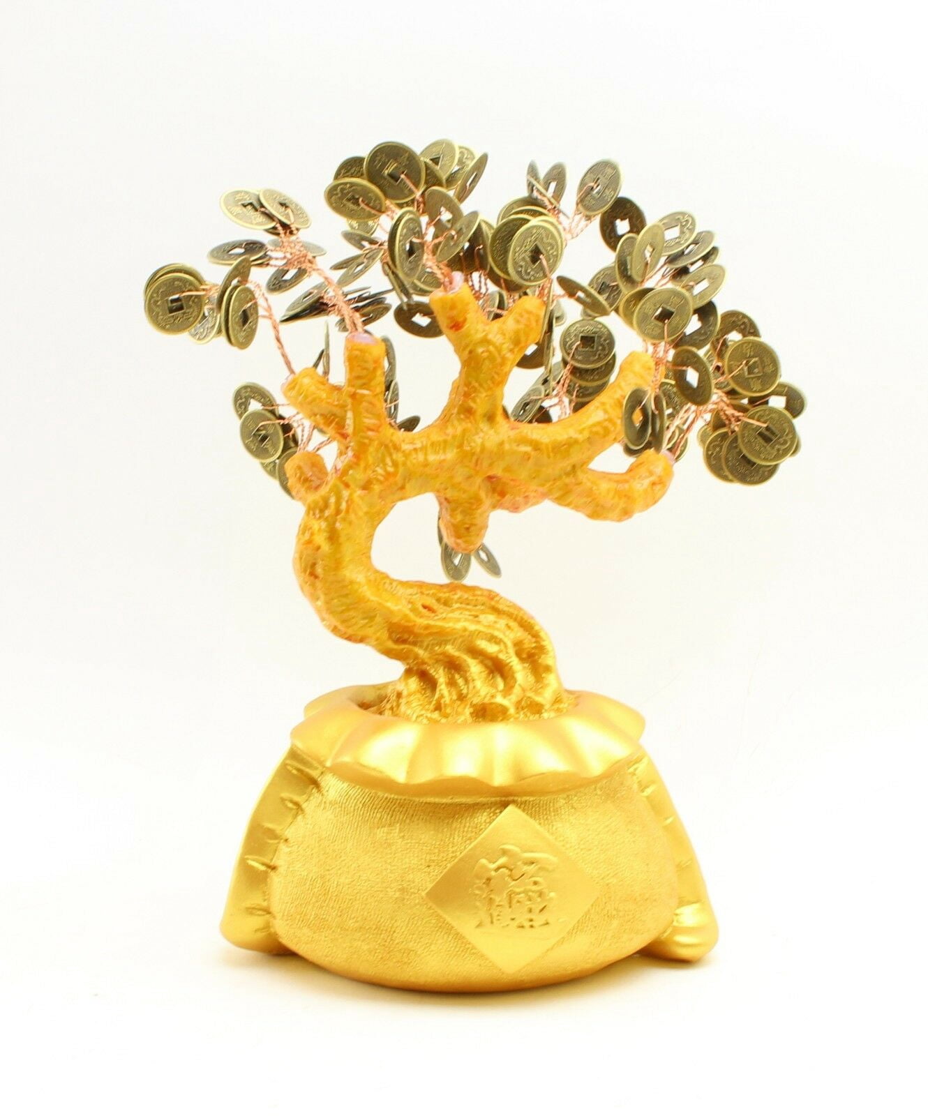 Large 9" Feng Shui Gold Money Tree Gold Coin Fortune Bag Pot Prosperous Gathering KT00171