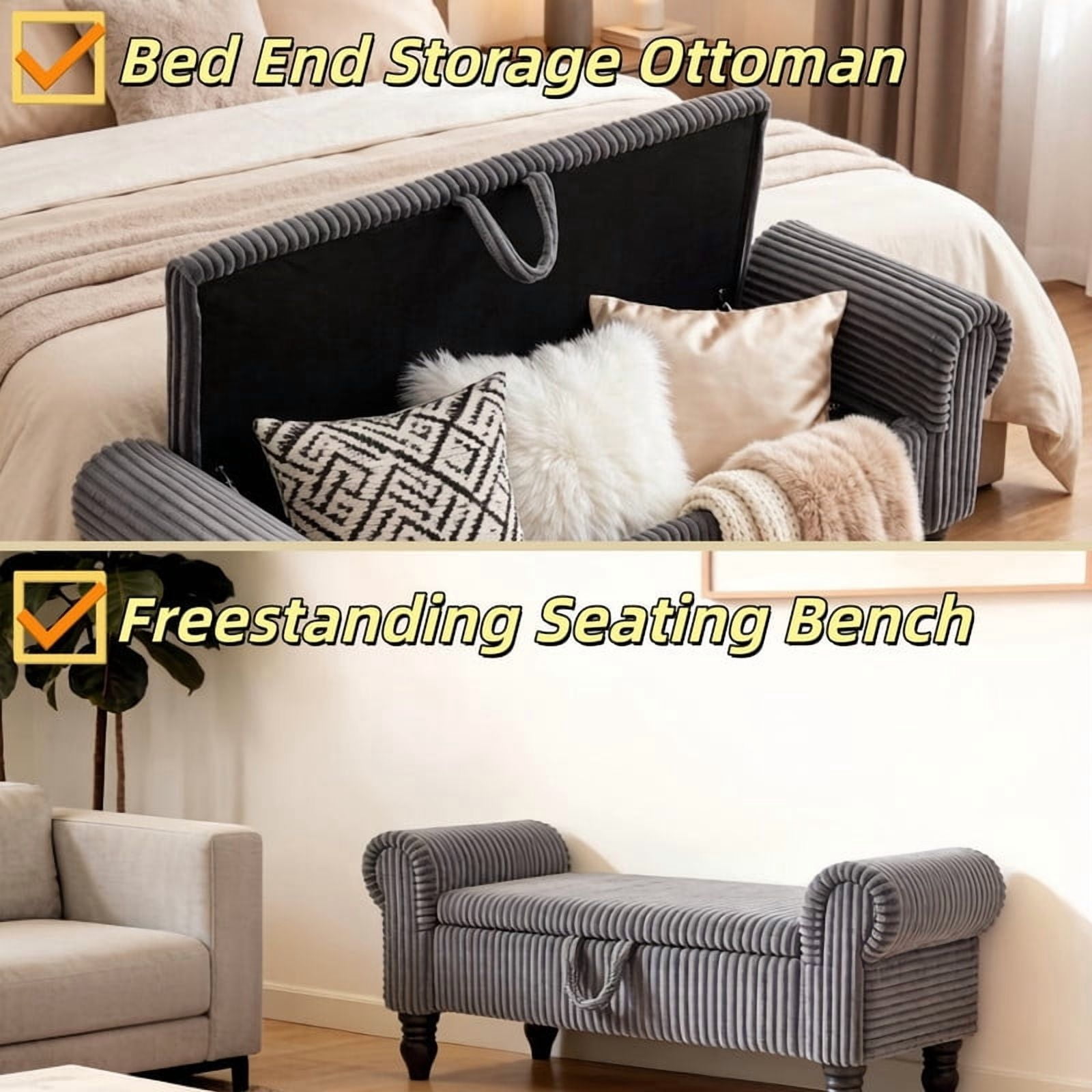 51.5'' Upholstered Storage Ottoman Bench with Hinged Lid, Freestanding Corduroy Bed End Bench, Hidden Storage Footrest