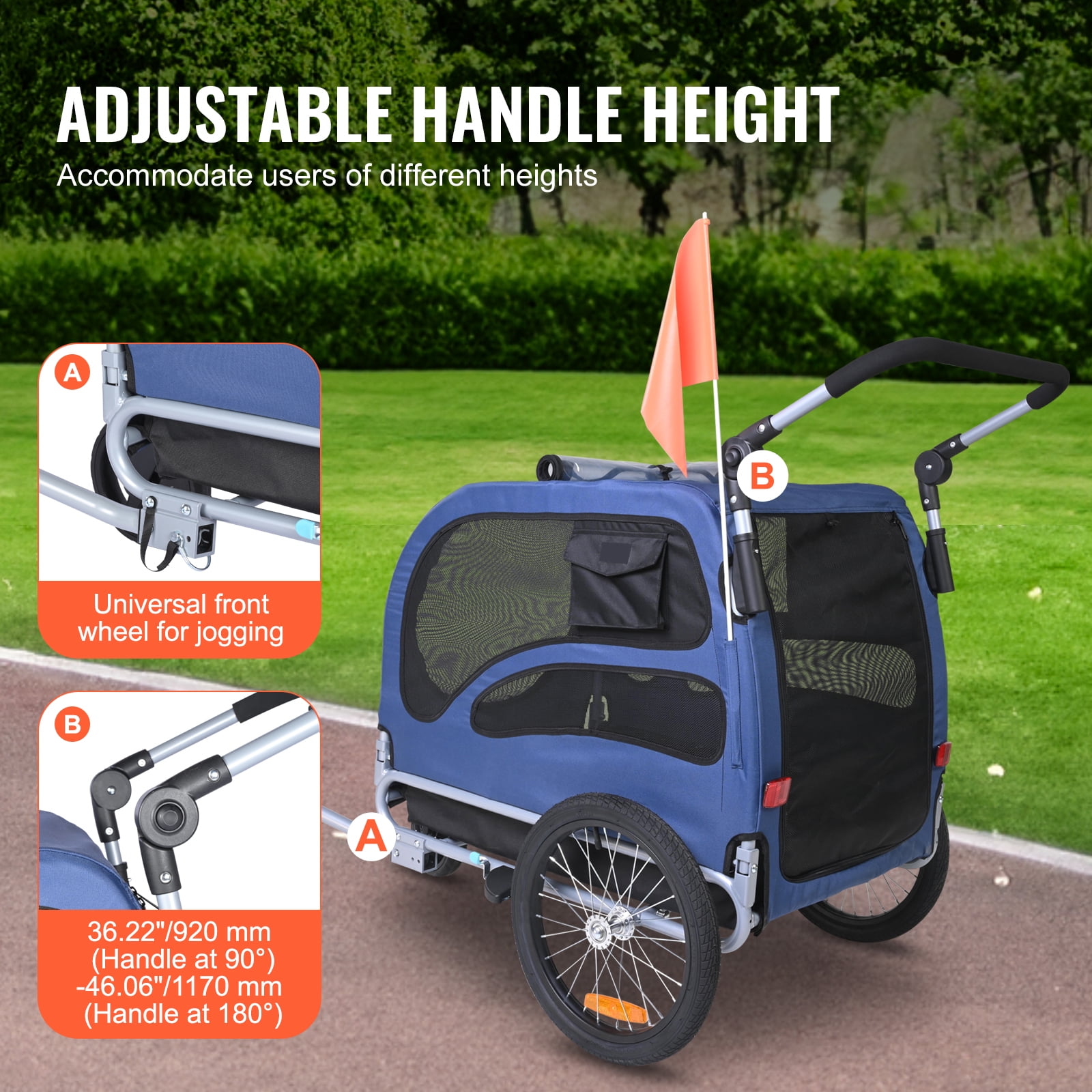 KFFKFF Pet Bike Trailer, Up to 100 lbs Capacity, Dual-Function Dog Stroller and Bike Carrier, Foldable Frame with Snap-On Wheels, Fits All Bikes, Includes Safety Flag and Reflectors, Blue/Black