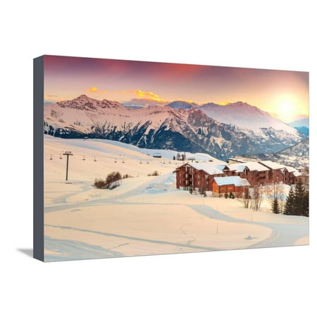 Majestic Winter Sunrise Landscape and Ski Resort in French Alps,La Toussuire,France,Europe Stretched Canvas Print Wall Art By Gaspar