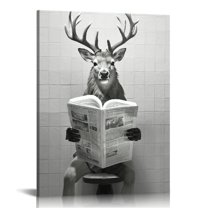 COMIO Funny Deer Bathroom Wall Decoration Black and White Canvas Deer in Bathroom Decoration Pictures Humorous Animal Bathroom Wall Art Printed Country Farmhouse Style Wall Decoration