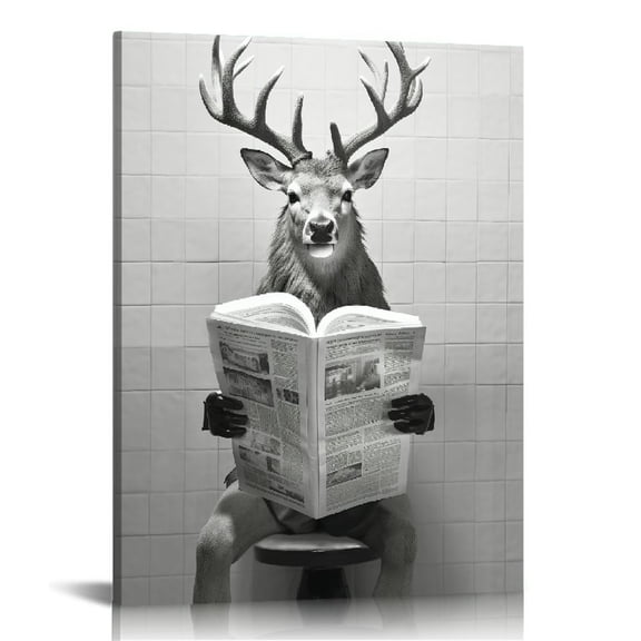 COMIO Funny Deer Bathroom Wall Decoration Black and White Canvas Deer in Bathroom Decoration Pictures Humorous Animal Bathroom Wall Art Printed Country Farmhouse Style Wall Decoration