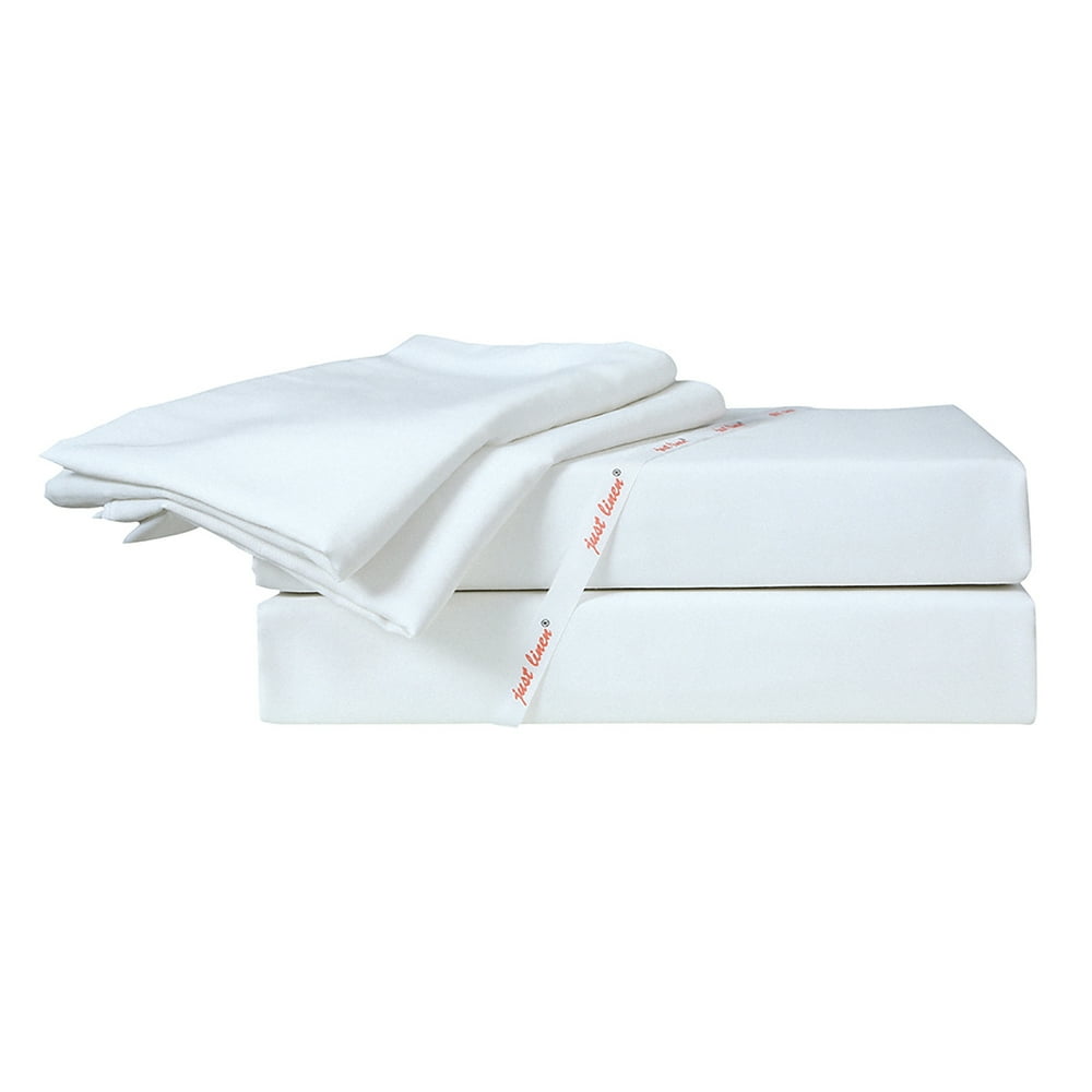 Just Linen 300 Thread Count 100 Cotton Percale, Solid White, King Bedding Sheet Set with Deep