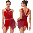 thumbnail image 6 of SiiRoh Womens Rhinestone Lyrical Dance Dress Color Block Mesh Ruched Twisted Knot Irregular Hem Sleeveless Leotard Dress Red M, 6 of 7