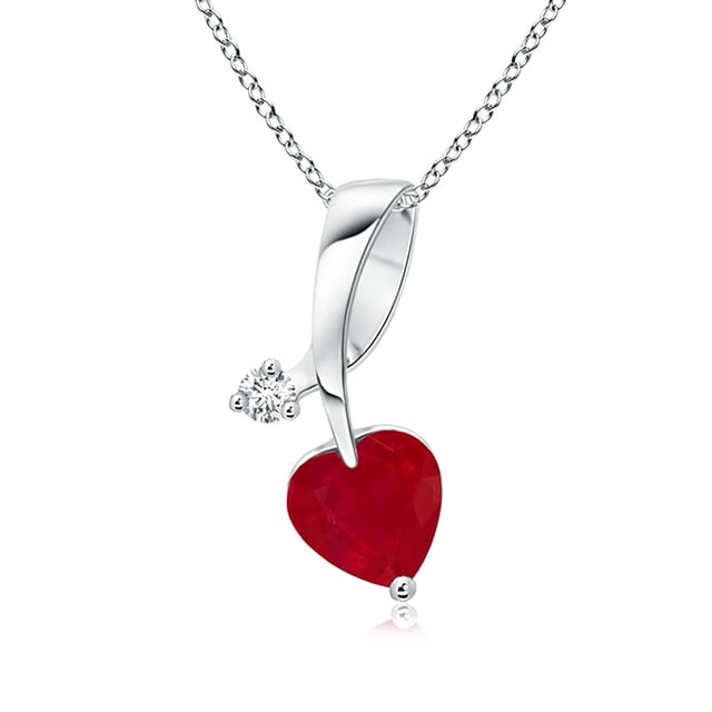 Angara Natural Ruby Necklace - Heart-Shaped Ruby Ribbon Pendant with Diamond in Platinum for Women