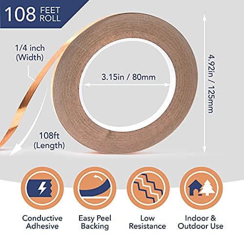 Copper Foil Tape For Stained Glass - 1/4 Inch Wide, Black Backed, 108 Feet Per Roll (2 Pack) With Plastic Scraper
