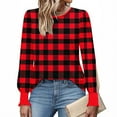 thumbnail image 6 of HOMBOM Womens Red T-Shirts Crew Neck Fall Long Sleeve Plaid Tops Puff Sleeve for Women, 6 of 6