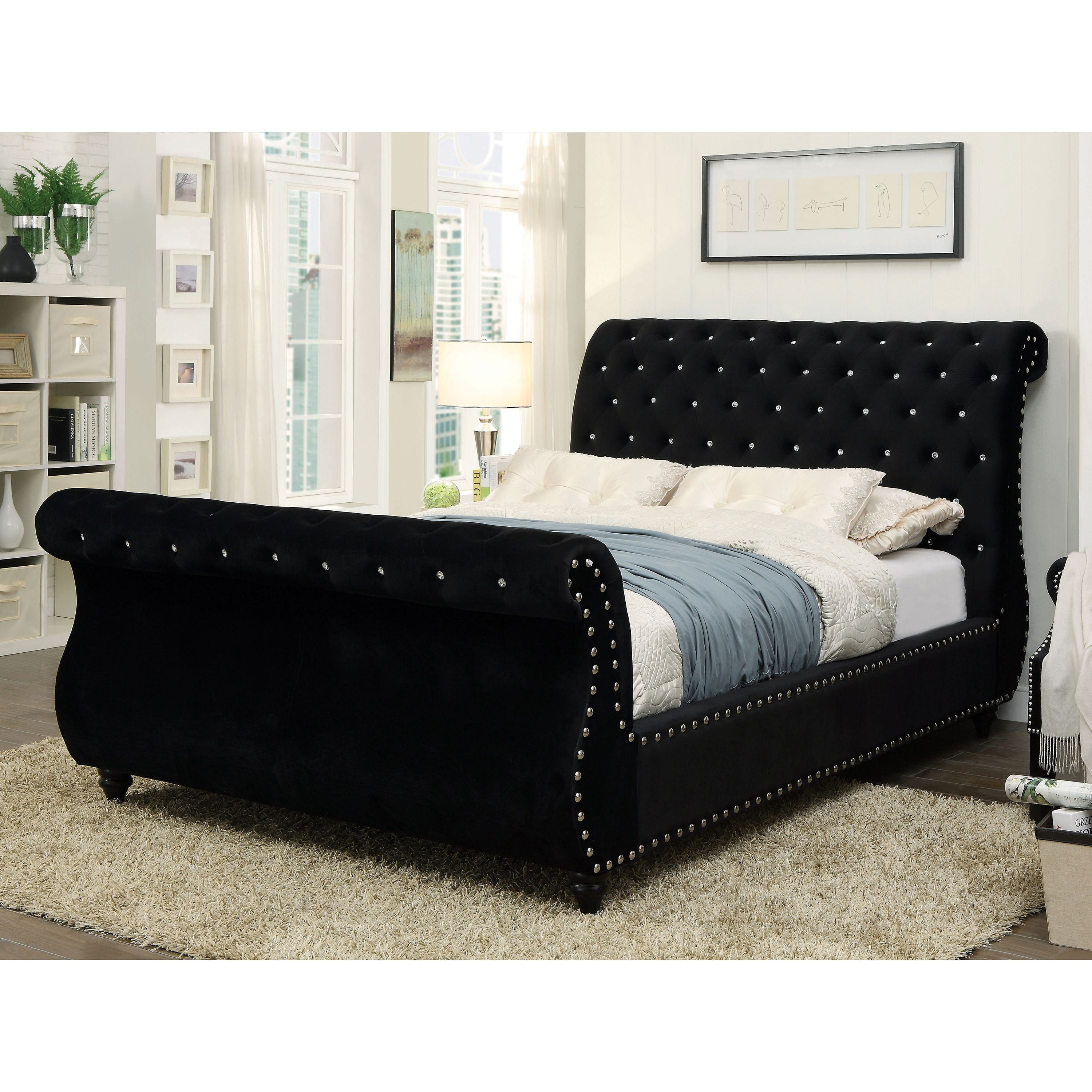 Furniture of America Rabin Glam Sleigh Bed, California King, Black