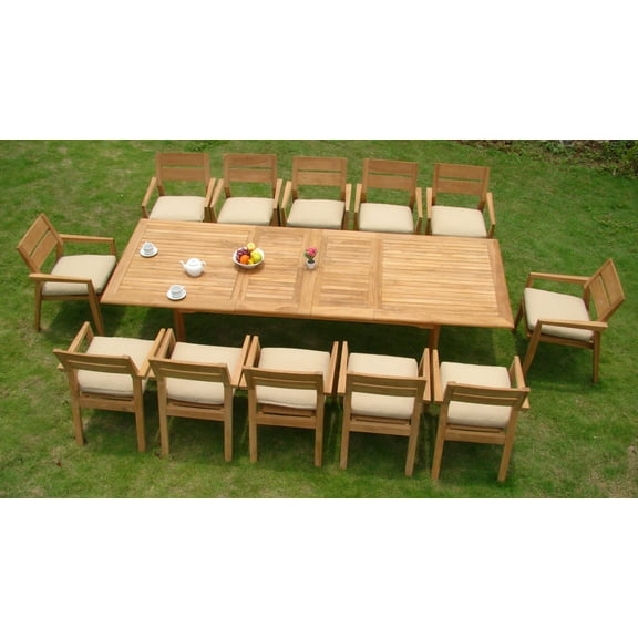 Teak Dining Set:12 Seater 13 Pc -118" Rectangle Table And 12 Stacking Vellore Arm Chairs Outdoor Patio Grade-A Teak Wood WholesaleTeak #WMDSVLe