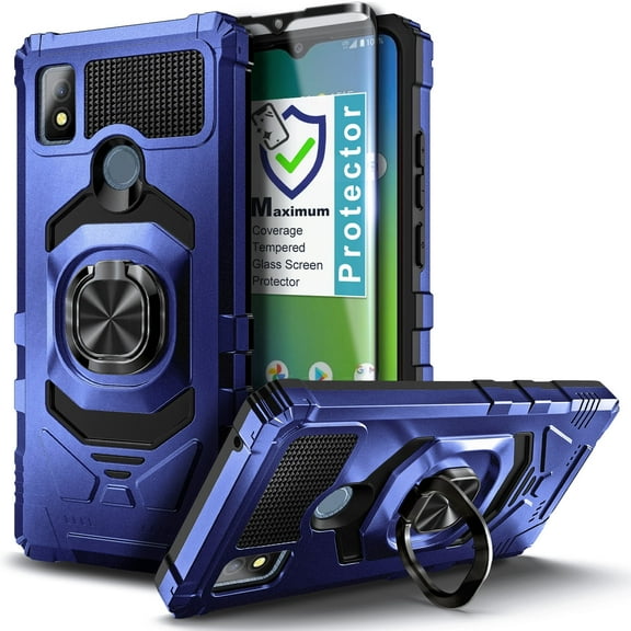 Nagebee Phone Case Compatible for Cricket Icon 4 with Tempered Glass Screen Protector (Full Coverage), Full-Body Protective [Military-Grade], Magnetic Car Mount Ring Holder Heavy-Duty Case (Blue)