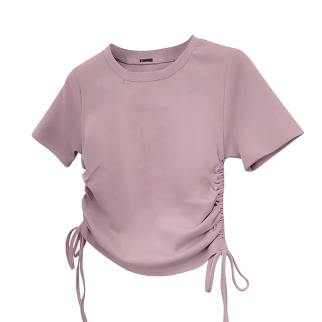 StSilkitty Girls Casual T-Shirts Solid Color Short Sleeve Crewneck Side Drawstring Tees Summer Lightweight Comfy Blouses