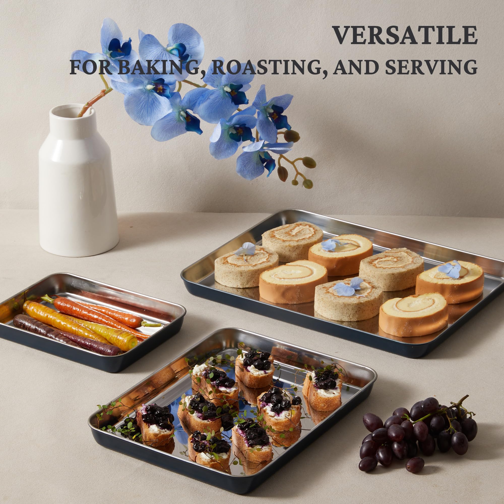 HONGBAKE Stainless Steel Baking Sheet Set of 3, Non Toxic Uncoated Cookie Sheets for Baking, Heavy Duty Baking Sheet Pans for Oven & Toaster, 9/12/16 Inch, Blue