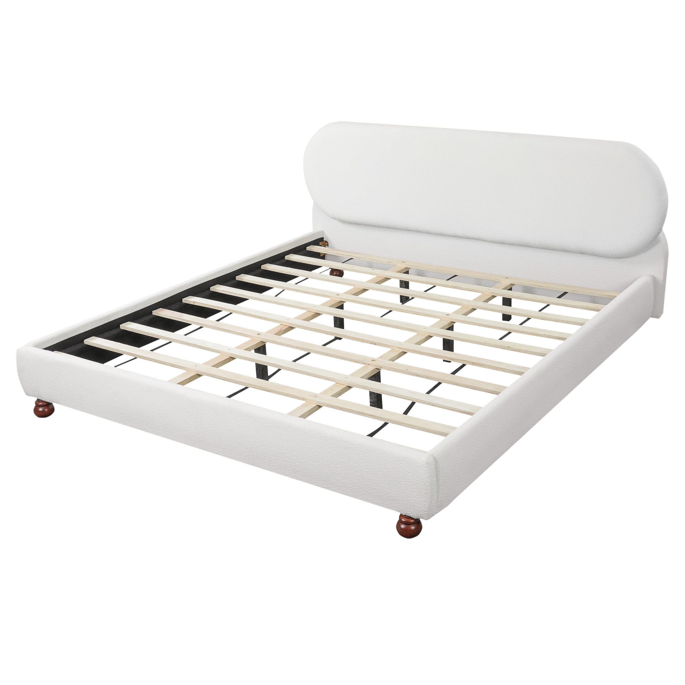 Christopher Knight Home Modern King Boucle Upholstered Bed Frame with Rubberwood Legs, White