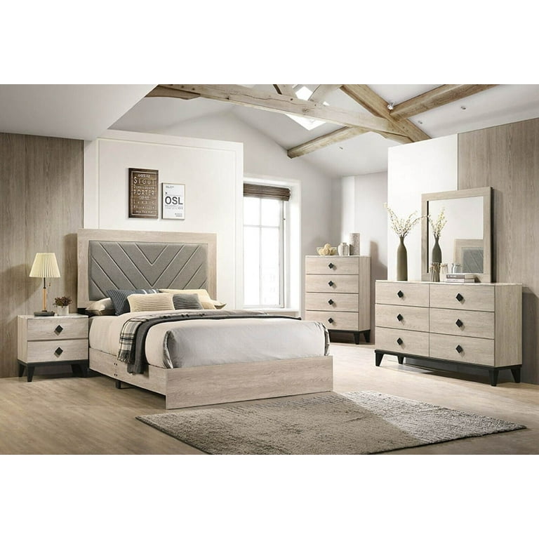 Classic Transitional Cream 6pc Bedroom Queen Size Bed Set Dresser