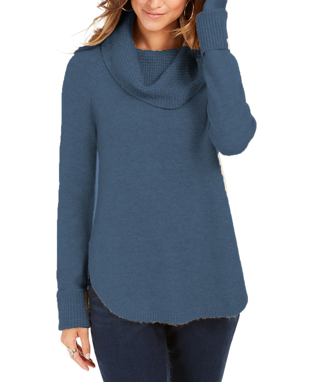 Cowl-Neck Waffle-Knit Sweater Navy Size 