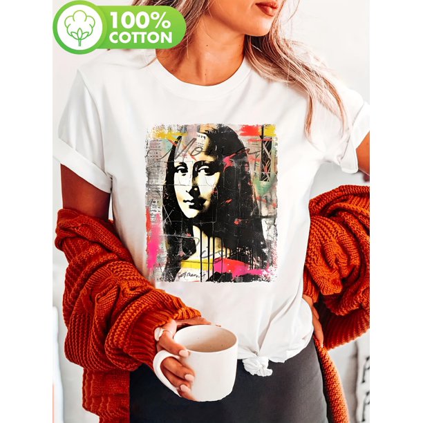 Women'S T-Shirt with Abstract Graffiti Mona Lisa Print, Casual Crew Neck Short Sleeve Top, Slight Stretch Knit Fabric, All Season Fashion, 100% Portrait Tee