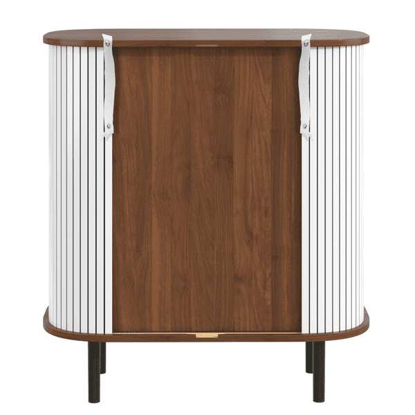 28" Fluted Wine Bar Cabinet with 8-Grid Wine Rack, 5-Level Adjustable Shelves, 2 Glass Holders, Smoothly Sliding Tambour Doors, 4 Hidden Storage Space on the Side, Modern Liquor Coffee Station, White