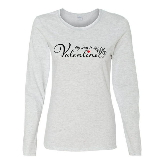 Women's My Dog is My Valentine Ladies Fit Long Sleeve Tee-Ash Grey-small