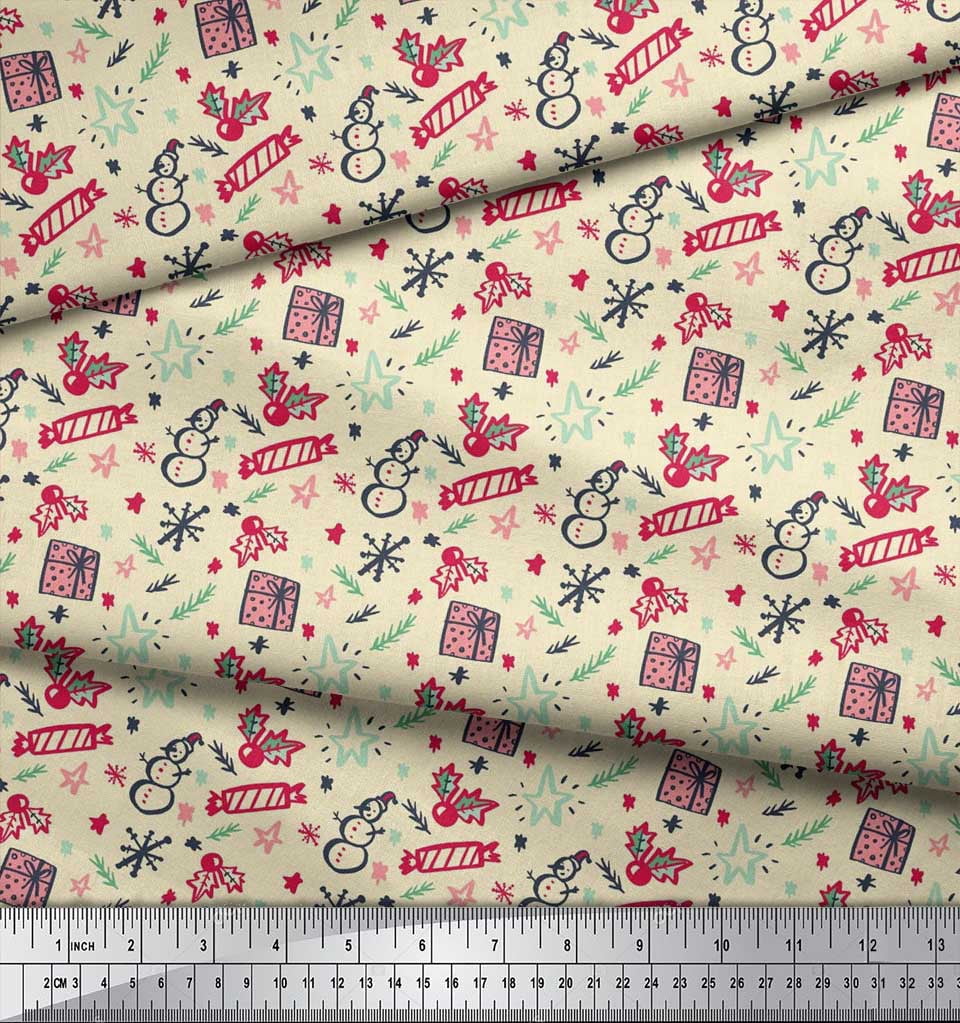 Soimoi White Heavy Satin Fabric Snowman,Candies & Gift Box Christmas Printed Fabric 1 Yard 54 Inch Wide