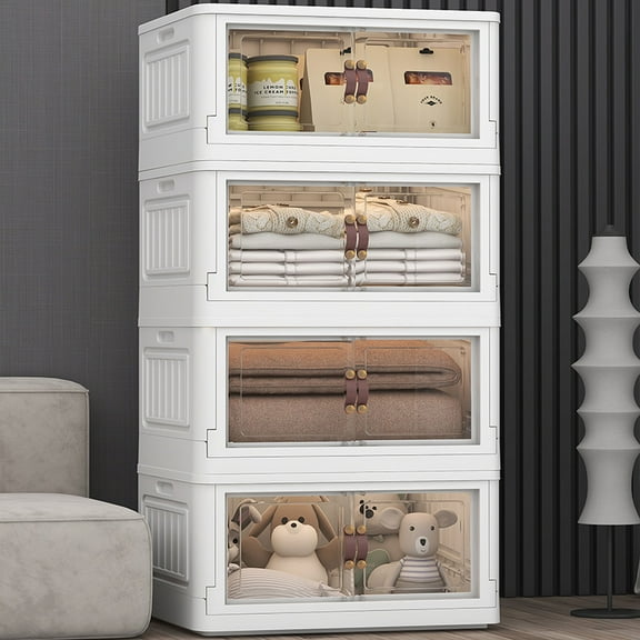 KHNR 4 Storage Bins with 4 Lids, 78 Qt White Closet Organizers and Storage, 4 Packs Stackable Storage Bin with Wheels,Double Door Collapsible Storage Bins for Home and Office,Clear White