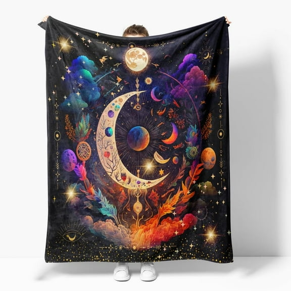 Hippie Throw Blanket Sun Moon Stars Boho Throw Blankets Celestial Blankets Double-Sided Polyesters Home Decor Bedding Chair Couch Recliner Cover Hippie Room Decor Black Purple 50"X60"