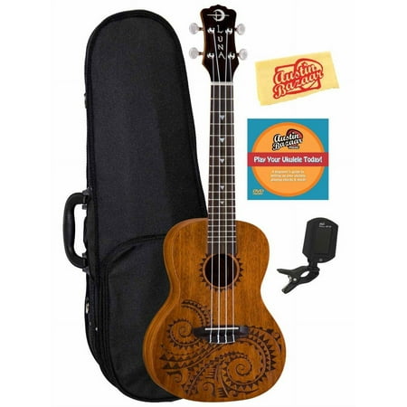 Luna Tattoo Mahogany Concert Ukulele Bundle with Hard Case, Tuner, Austin Bazaar Instructional DVD, and Polishing Cloth