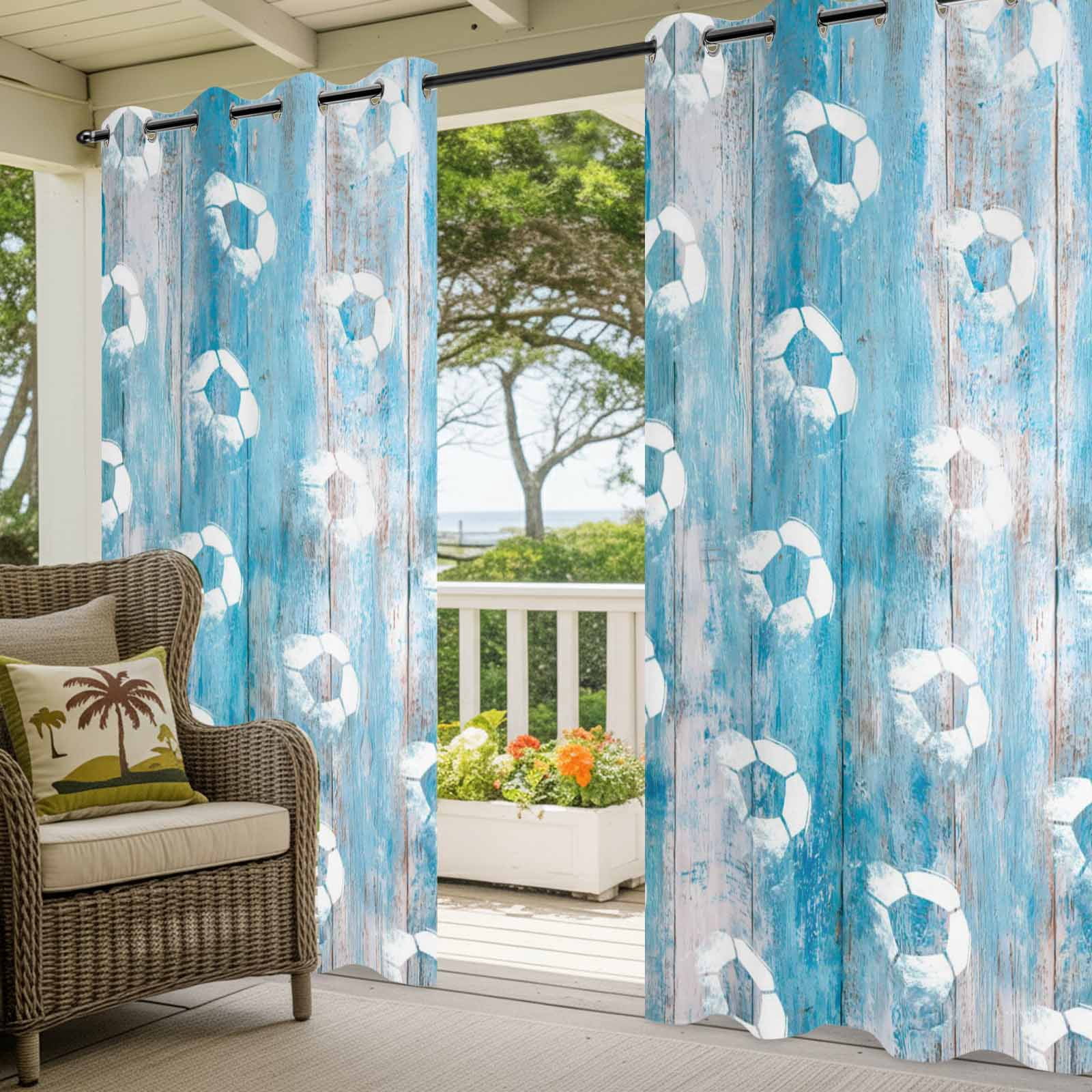 Bohemian Soccer Outdoor Curtains for Patio, Rustic Boho Farmhouse Football Match Blue Wood Grain Sunshade Privacy Drapes Grommet Waterproof Outside Curtains for Porch/Cabana/Balcony 54"x108", 1 Panel