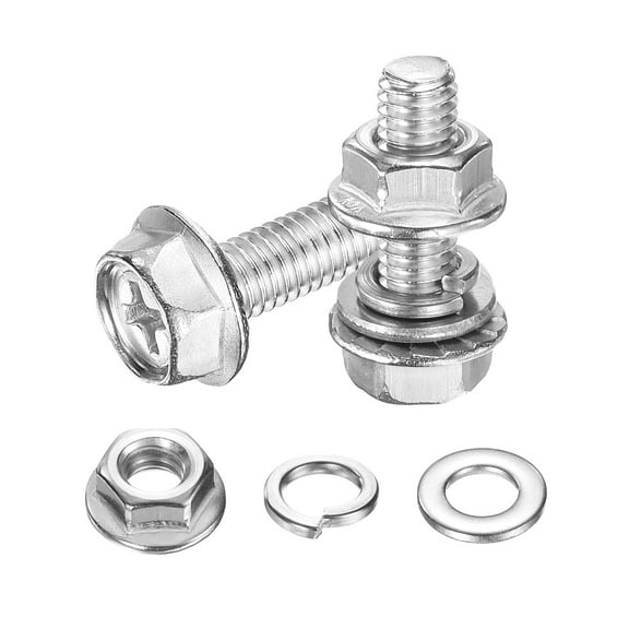 M6 x 20mm 20Pcs Flanged Hex Head Bolts with Nuts, Flat & Lock Washers, Silver