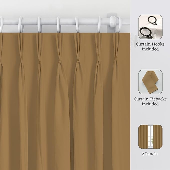 Homi Drapes Triple Pinch Pleated Blackout Curtains Thermal Insulated Room Darkening Drapes for Bedroom/Livingroom Along with 2 Panels,Tiebacks,Hooks (Barley Corn, 52"x63")