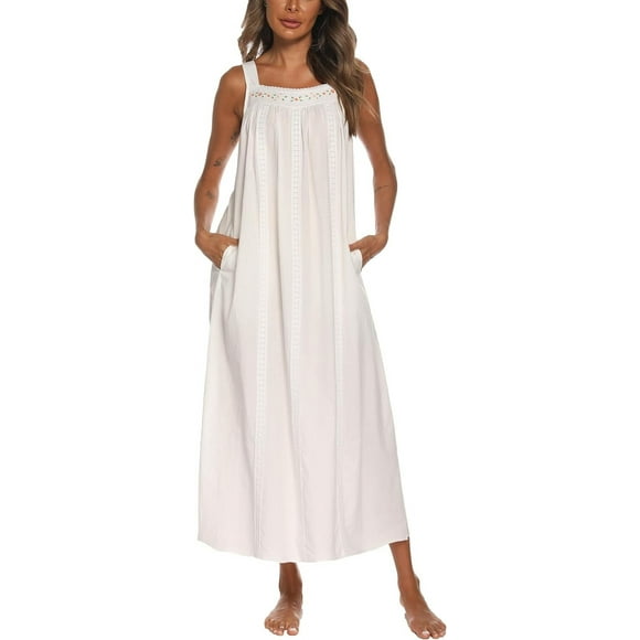 Cotton Nightgowns for Women Embroidery Sleeveless Night Gown with Pockets S-XXL,White