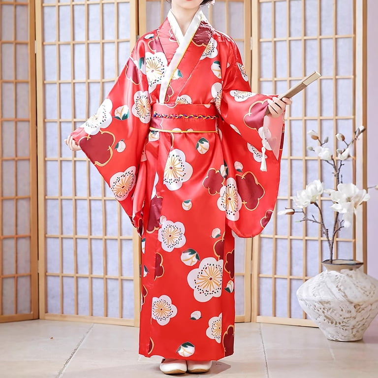 satin japanese style dress Larppty Girls Sakura Silk Kimono Gown Cherry Blossom Long Kimono Robe Yukata OutfitRed 5-6 Years, Women's _upsell_valencia-sandal-antler