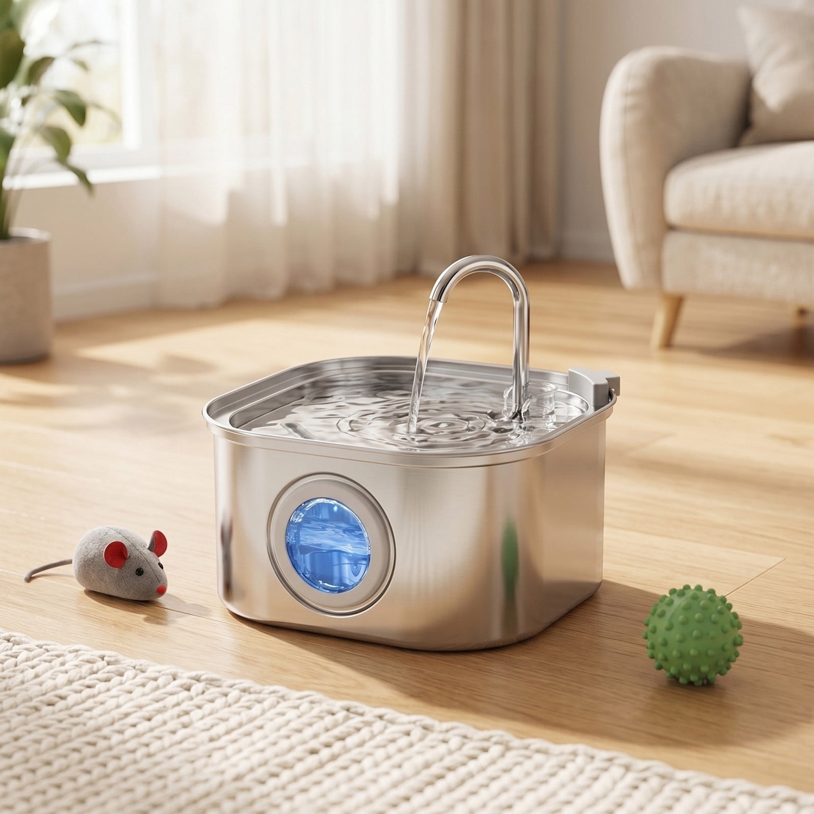 Stainless Steel Cat Water Dispenser, Large Capacity Water Drop Design, Visual Window Automatic Drinking Fountain, Quiet Feeding Station for Indoor Pets
