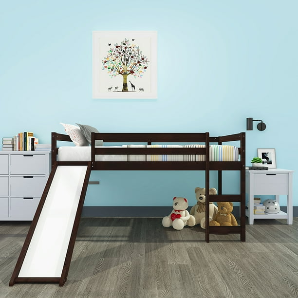 Wood Twin Size Loft Bed With Slide For Kids Bedroom Espresso Walmart Com Walmart Com
