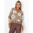 thumbnail image 2 of Women'S Floral Print Button Down Cardigan V Neck Drop Shoulder Knit Outerwear Deep Khaki S, 2 of 7