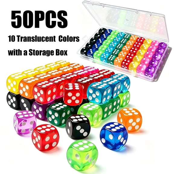 OFEFE 50 Pieces Dice Set, 14mm Bulk 6 Sided Colored Dices for Board Games, Math Learning,Classroom