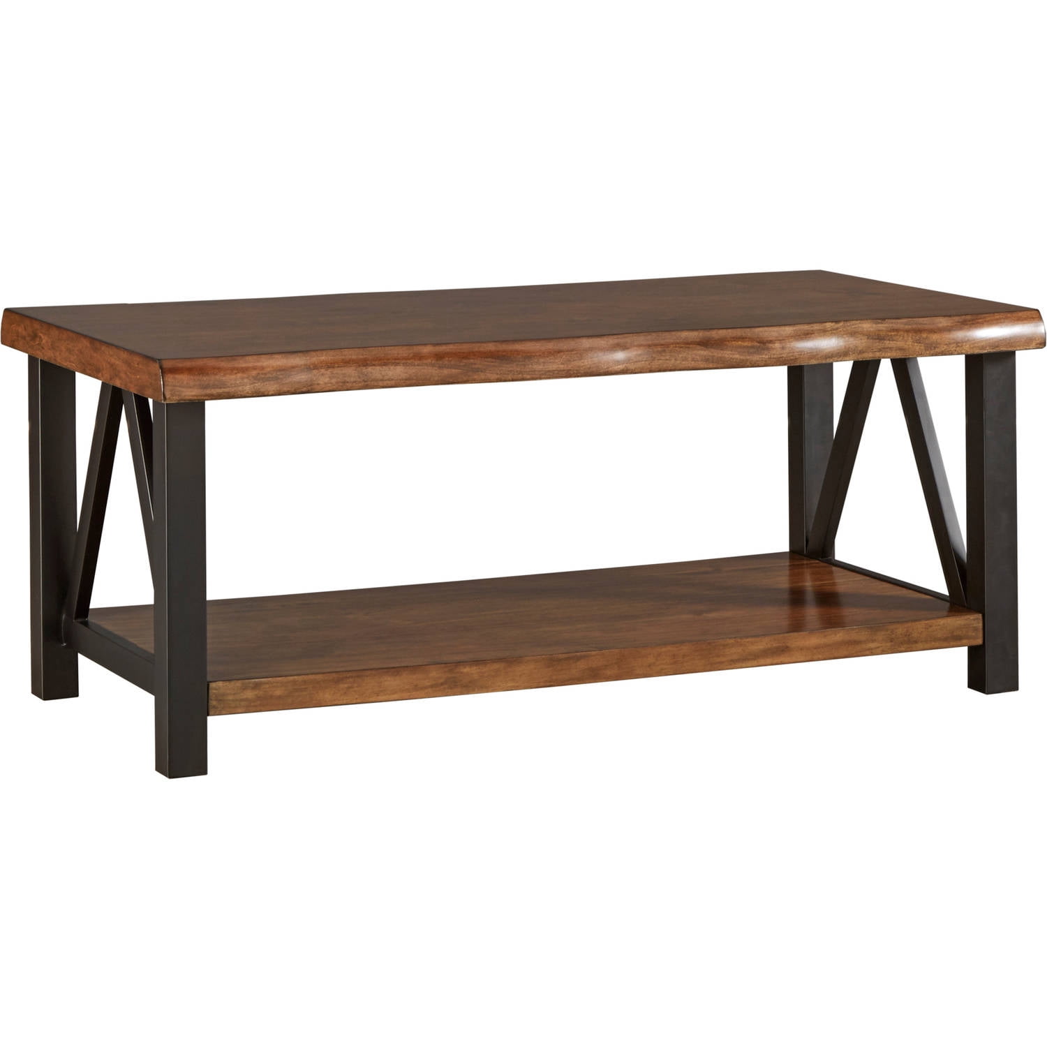 Weston Home Metal Base Coffee Table With Natural Edge Table Top and Lower Shelf