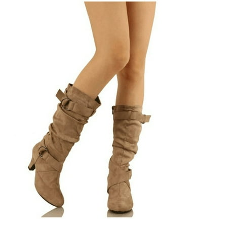 

S LUKKC LUKKC 50% off New Year s Eve! Knee High Boots Women Low Chunky Heel Suede Boots Belt Buckle Combat Booties Slip-on Boot Fall Winter Outdoor Comfort Long Boots
