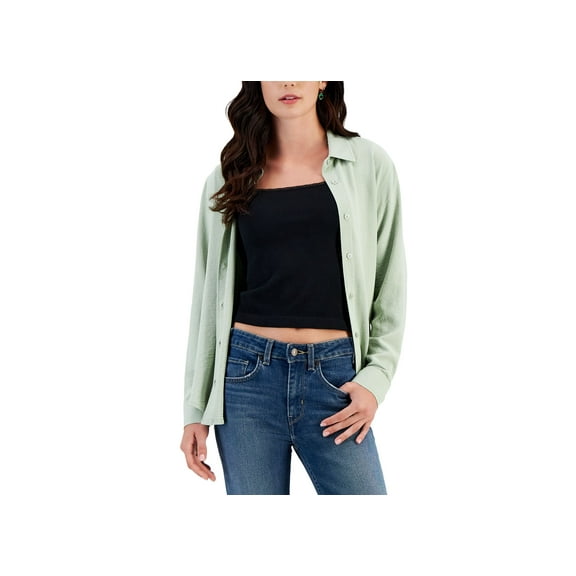 Juniors' Button-Up Long-Sleeve Boyfriend Shirt Desert Sage M