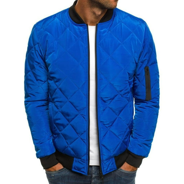 Mikilon Men Solid Casual Stand-up Collar Zipper Diamond Stitched Pocket Jacket Coats