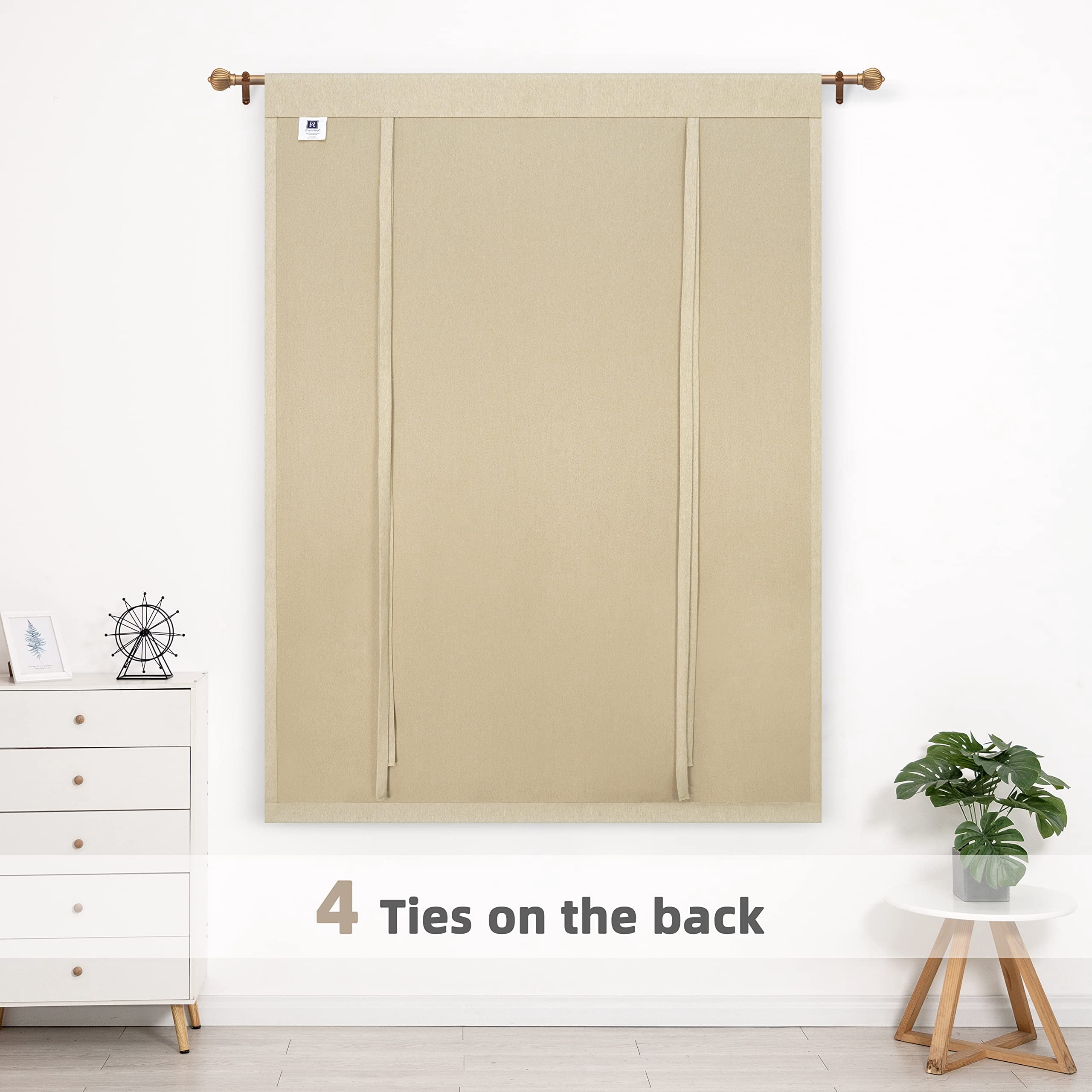DriftAway Faux Linen Textured Solid Color Blackout Tie Up Curtain for Kitchen Decorative Adjustable Balloon Rod Pocket Window Curtains for Small Window 63"L x 42"W Beige