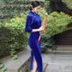 thumbnail image 2 of ALSLIAO Nuevo y lujoso vestido largo de terciopelo para mujer, cheongsam chino ajustado, qipao azul real L, 2 of 8