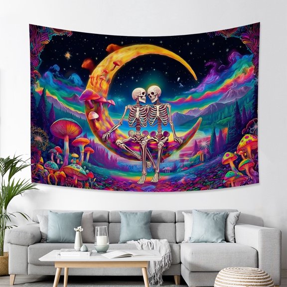 Blacklight Skull Moon Tapestry Trippy Mushroom Mountain Tapestries Starry Sky Wall Tapestry Skeleton Lovers Wall Hanging for Bedroom Decor,79Wx60H